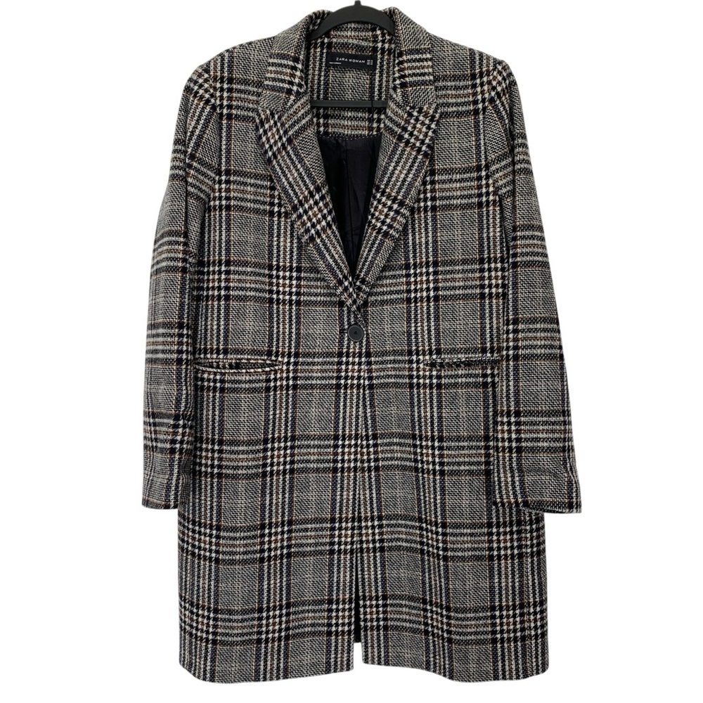 Zara Coat Womens XL Black Brown Plaid Check Royal ASO Kate Middleton Wool Blend